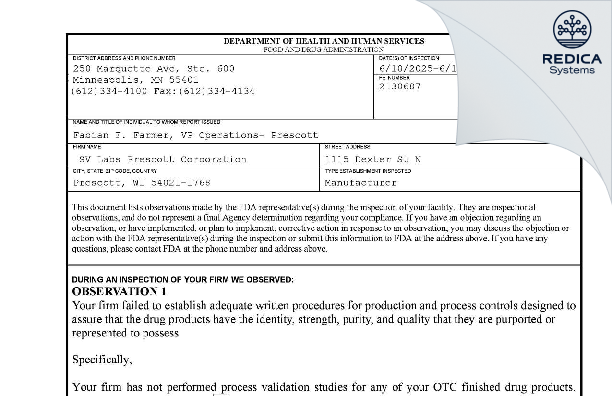 FDA 483 - SV Labs Prescott Corporation [Prescott / United States of America] - Download PDF - Redica Systems
