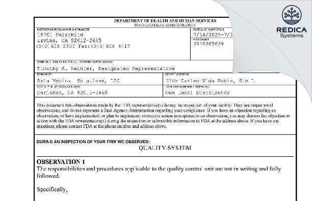 FDA 483 - Axia Medical Solutions [Carlsbad / United States of America] - Download PDF - Redica Systems
