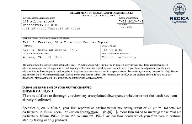 FDA 483 - Avista Pharma Solutions, Inc. dba Cambrex [Agawam / United States of America] - Download PDF - Redica Systems