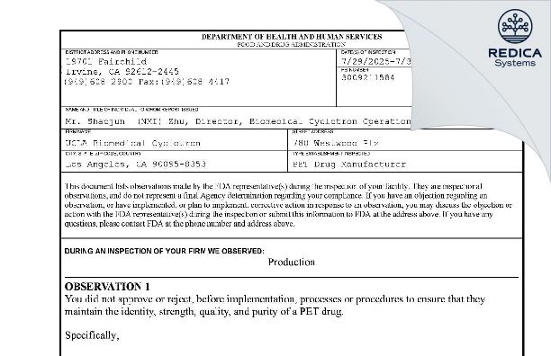 FDA 483 - UNIVERSITY OF CALIFORNIA, LOS ANGELES [Los Angeles / United States of America] - Download PDF - Redica Systems