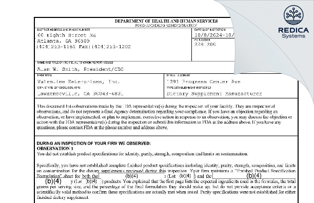 FDA 483 - Valentine Enterprises, Inc. [Lawrenceville / United States of America] - Download PDF - Redica Systems