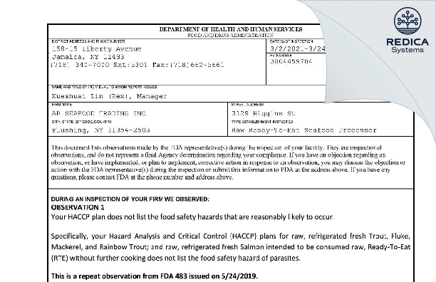 FDA 483 - AB Seafood Trading Inc. [Flushing / United States of America] - Download PDF - Redica Systems