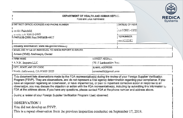 FDA 483 - A.N.N. CO. IMPORT & EXPORT [North Hollywood / United States of America] - Download PDF - Redica Systems