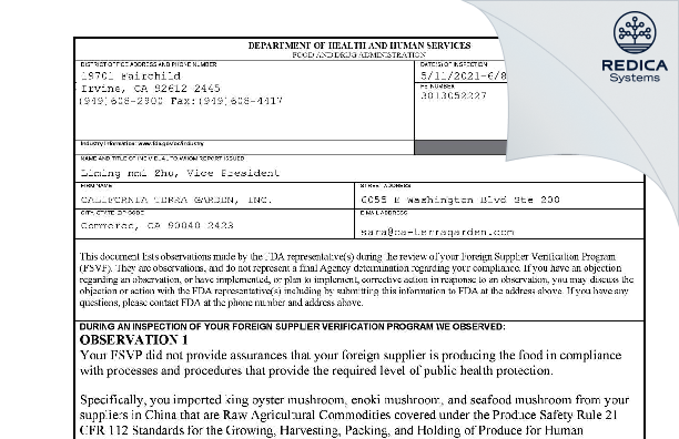 FDA 483 - CALIFORNIA TERRA GARDEN, INC. [Commerce / United States of America] - Download PDF - Redica Systems