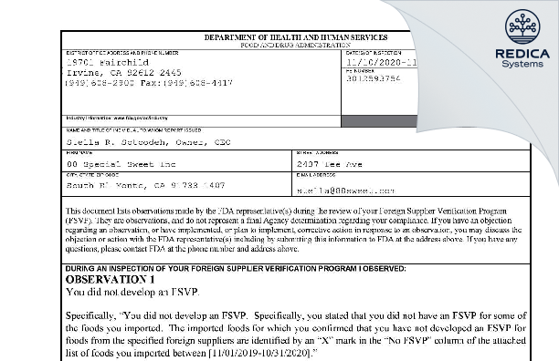 FDA 483 - 88 Special Sweet, Inc. [South El Monte / United States of America] - Download PDF - Redica Systems