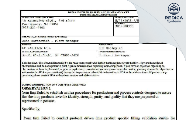 FDA 483 - LE PAPILLON, LTD. [South Plainfield / United States of America] - Download PDF - Redica Systems