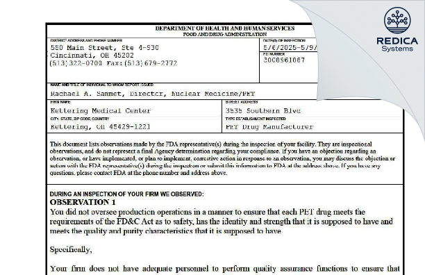 FDA 483 - Kettering Medical Center [Dayton / United States of America] - Download PDF - Redica Systems