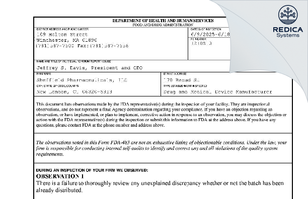 FDA 483 - Sheffield Pharmaceuticals LLC [New London / United States of America] - Download PDF - Redica Systems