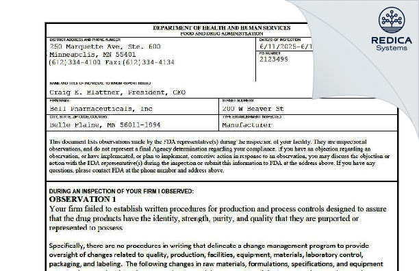 FDA 483 - Bell Pharmaceuticals, Inc. [Belle Plaine / United States of America] - Download PDF - Redica Systems