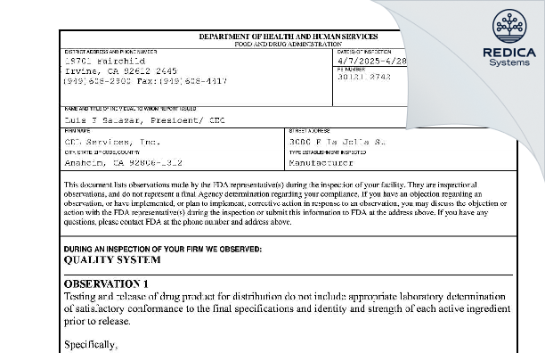 FDA 483 - TECHNICHEM CORP [Anaheim / United States of America] - Download PDF - Redica Systems