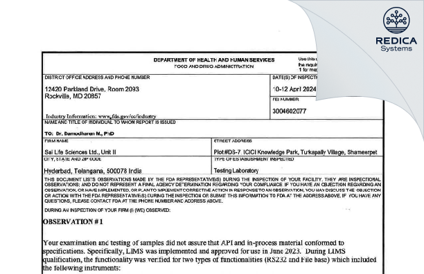 FDA 483 - Sai Life Sciences Limited [Hyderabad / India] - Download PDF - Redica Systems