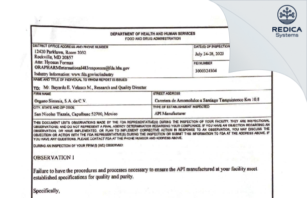 FDA 483 - Organo Sintesis, S.A. de C.V. [Capulhuac / Mexico] - Download PDF - Redica Systems