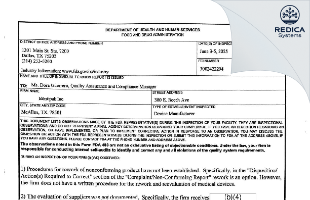 FDA 483 - Identipak, Inc. [Mcallen / United States of America] - Download PDF - Redica Systems