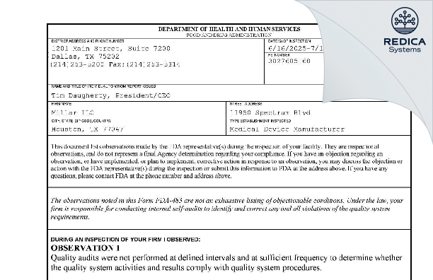 FDA 483 - Millar LLC. [Houston / United States of America] - Download PDF - Redica Systems