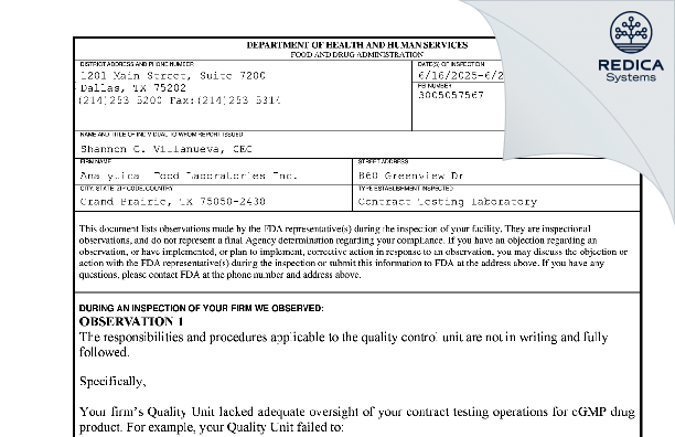 FDA 483 - Analytical Food Laboratories [Grand Prairie / United States of America] - Download PDF - Redica Systems