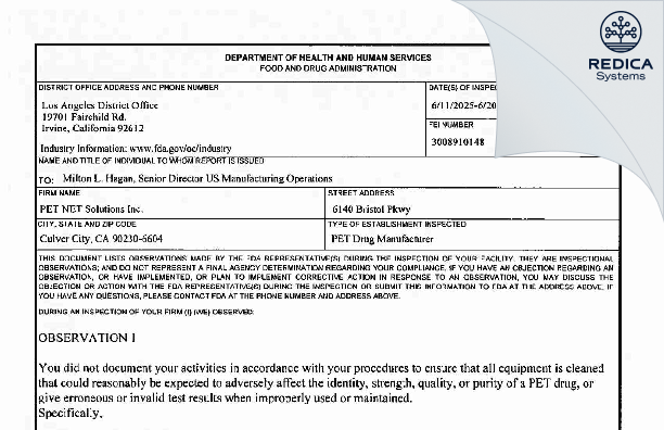 FDA 483 - PETNET SOLUTIONS, INC. [Culver City / United States of America] - Download PDF - Redica Systems