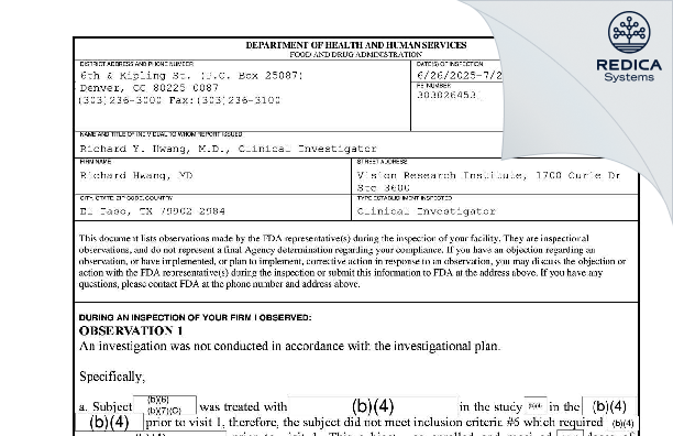 FDA 483 - Richard Hwang, MD [El Paso / United States of America] - Download PDF - Redica Systems