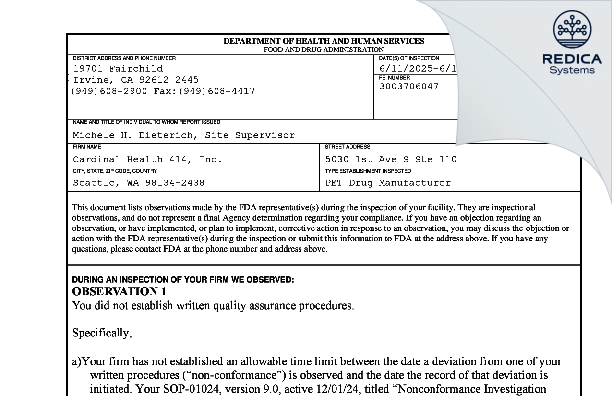 FDA 483 - Cardinal Health 414, LLC [Seattle / United States of America] - Download PDF - Redica Systems