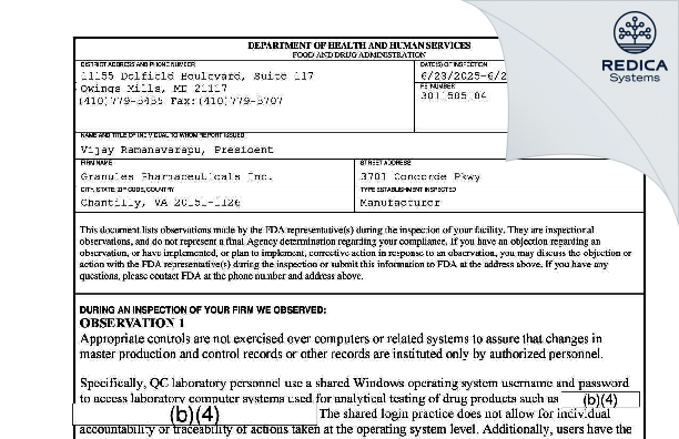 FDA 483 - Granules Pharmaceuticals Inc. [Chantilly / United States of America] - Download PDF - Redica Systems