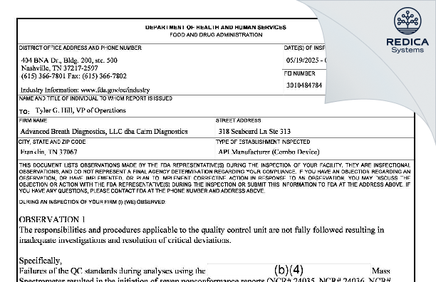 FDA 483 - Advanced Breath Diagnostics, LLC dba Spirulina Production Facility [Franklin / United States of America] - Download PDF - Redica Systems
