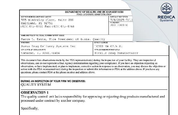 FDA 483 - Aveva Drug Delivery Systems, Inc. [Tamarac / United States of America] - Download PDF - Redica Systems
