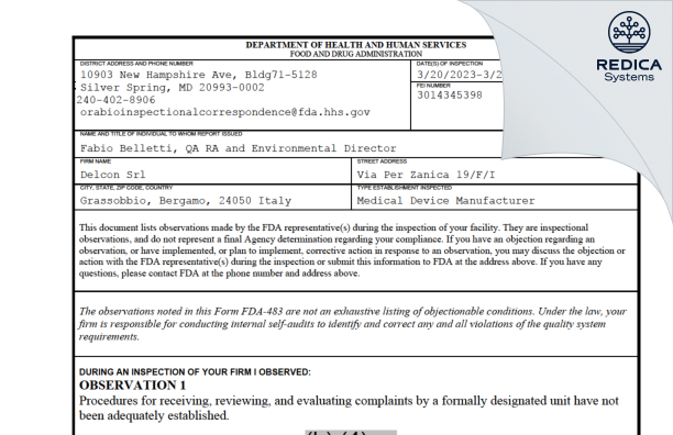 FDA 483 - Delcon Srl [Grassobbio / Italy] - Download PDF - Redica Systems