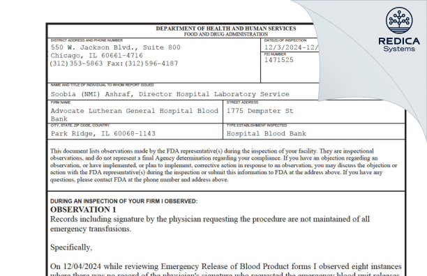 FDA 483 - Advocate Lutheran General Hospital Transfusion Services [Park Ridge / United States of America] - Download PDF - Redica Systems