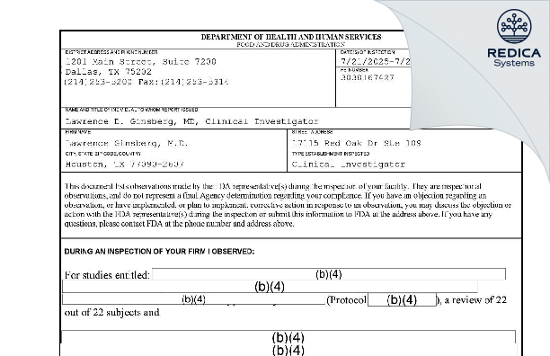 FDA 483 - Lawrence Ginsberg M.D. [Houston / United States of America] - Download PDF - Redica Systems