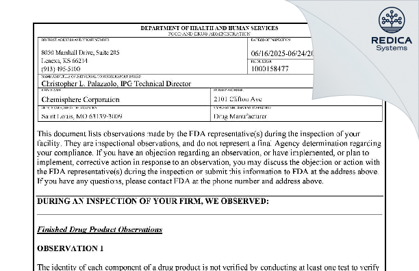 FDA 483 - Chemisphere Corporation [Saint Louis / United States of America] - Download PDF - Redica Systems