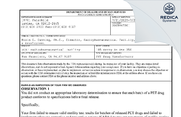 FDA 483 - UCSF Radiopharmaceutical Facility [San Francisco / United States of America] - Download PDF - Redica Systems