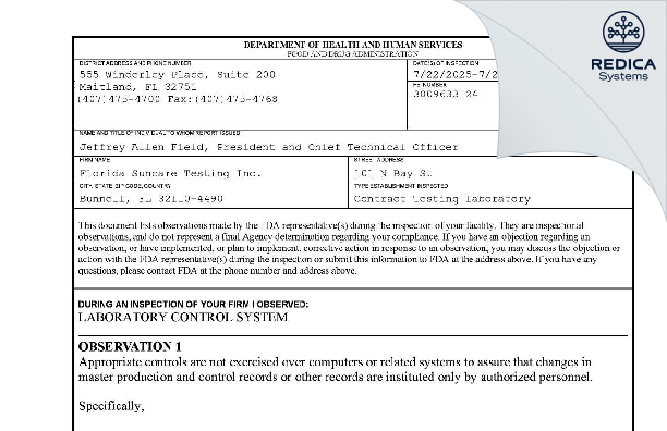 FDA 483 - Florida Suncare Testing, Inc. [Bunnell / United States of America] - Download PDF - Redica Systems