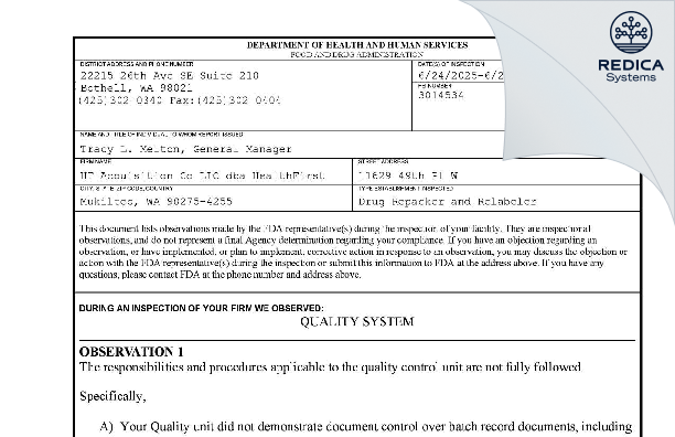 FDA 483 - HF Acquisition Co LLC [Mukilteo / United States of America] - Download PDF - Redica Systems