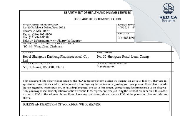 FDA 483 - hebei shengxue dacheng pharmaceutical co., ltd. [Luancheng District / China] - Download PDF - Redica Systems
