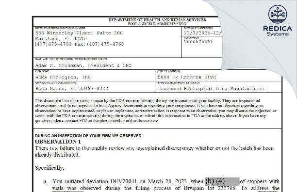 FDA 483 - ADMA Biologics, Inc [Boca Raton / United States of America] - Download PDF - Redica Systems