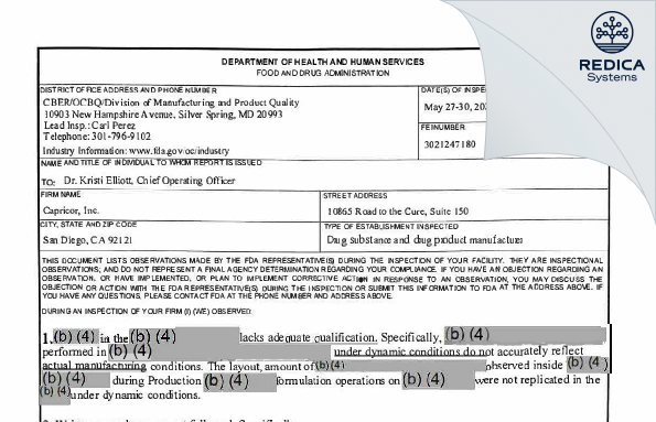 FDA 483 - Capricor, Inc. [San Diego / United States of America] - Download PDF - Redica Systems