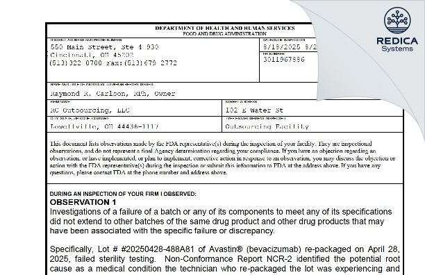 FDA 483 - RC Outsourcing, LLC [Lowellville / United States of America] - Download PDF - Redica Systems