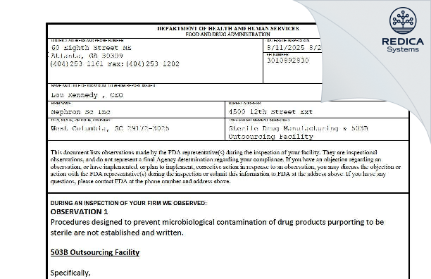 FDA 483 - Nephron SC Inc. [West Columbia / United States of America] - Download PDF - Redica Systems