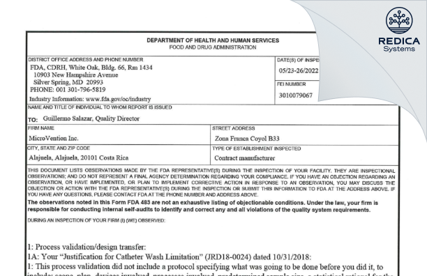 FDA 483 - MicroVention Costa Rica S.R.L. [San José / Costa Rica] - Download PDF - Redica Systems