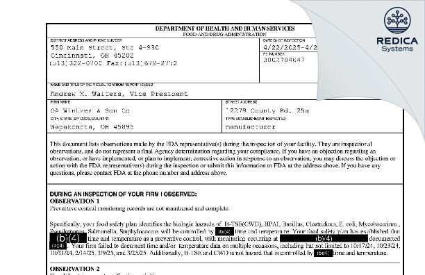 FDA 483 - GA Wintzer & Son Co [Wapakoneta / United States of America] - Download PDF - Redica Systems