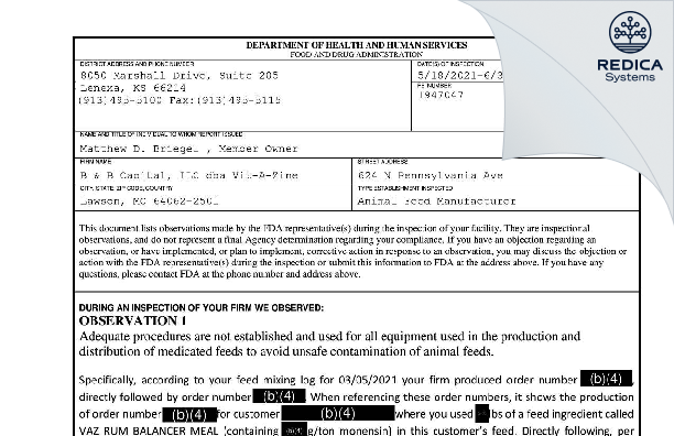FDA 483 - B & B Capital, LLC dba Vit-A-Zine [Lawson / United States of America] - Download PDF - Redica Systems