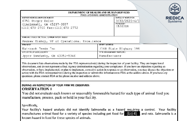 FDA 483 - Kalmbach Feeds, Inc. [Upper Sandusky / United States of America] - Download PDF - Redica Systems