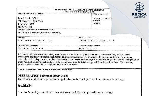 FDA 483 - Hawthorne Products, Inc [Dunkirk / United States of America] - Download PDF - Redica Systems