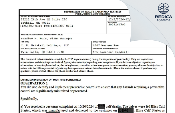 FDA 483 - J. D. Heiskell Holdings, LLC [Twin Falls / United States of America] - Download PDF - Redica Systems