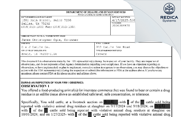 FDA 483 - Ogle Cattle Co [Bowie / United States of America] - Download PDF - Redica Systems