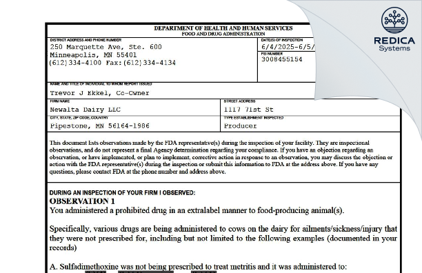 FDA 483 - Newalta Dairy LLC [Pipestone / United States of America] - Download PDF - Redica Systems