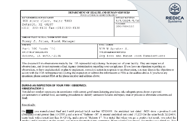 FDA 483 - Park 100 Foods LLC [Kokomo / United States of America] - Download PDF - Redica Systems