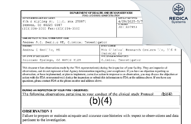 FDA 483 - Andrew C Sedillo, M.D. [Colorado Springs / United States of America] - Download PDF - Redica Systems
