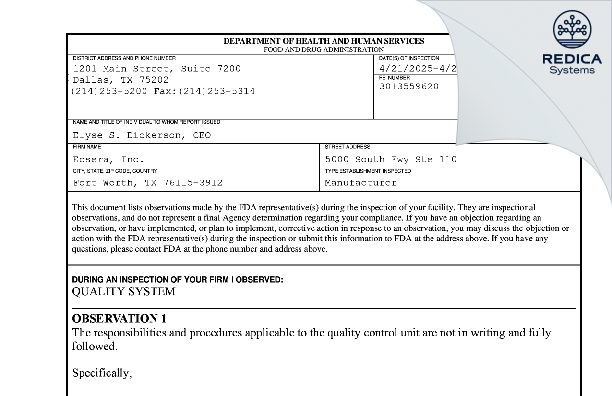 FDA 483 - Eosera Inc [Fort Worth / United States of America] - Download PDF - Redica Systems