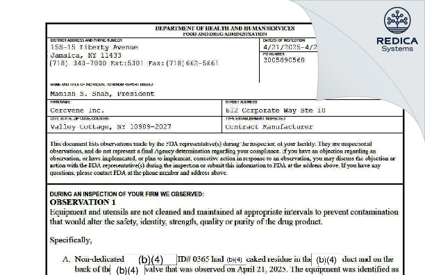 FDA 483 - Cerovene, Inc. [Valley Cottage / United States of America] - Download PDF - Redica Systems