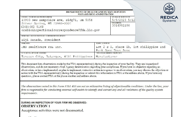 FDA 483 - JMS Healthcare PHL Inc. [Park / United States of America] - Download PDF - Redica Systems